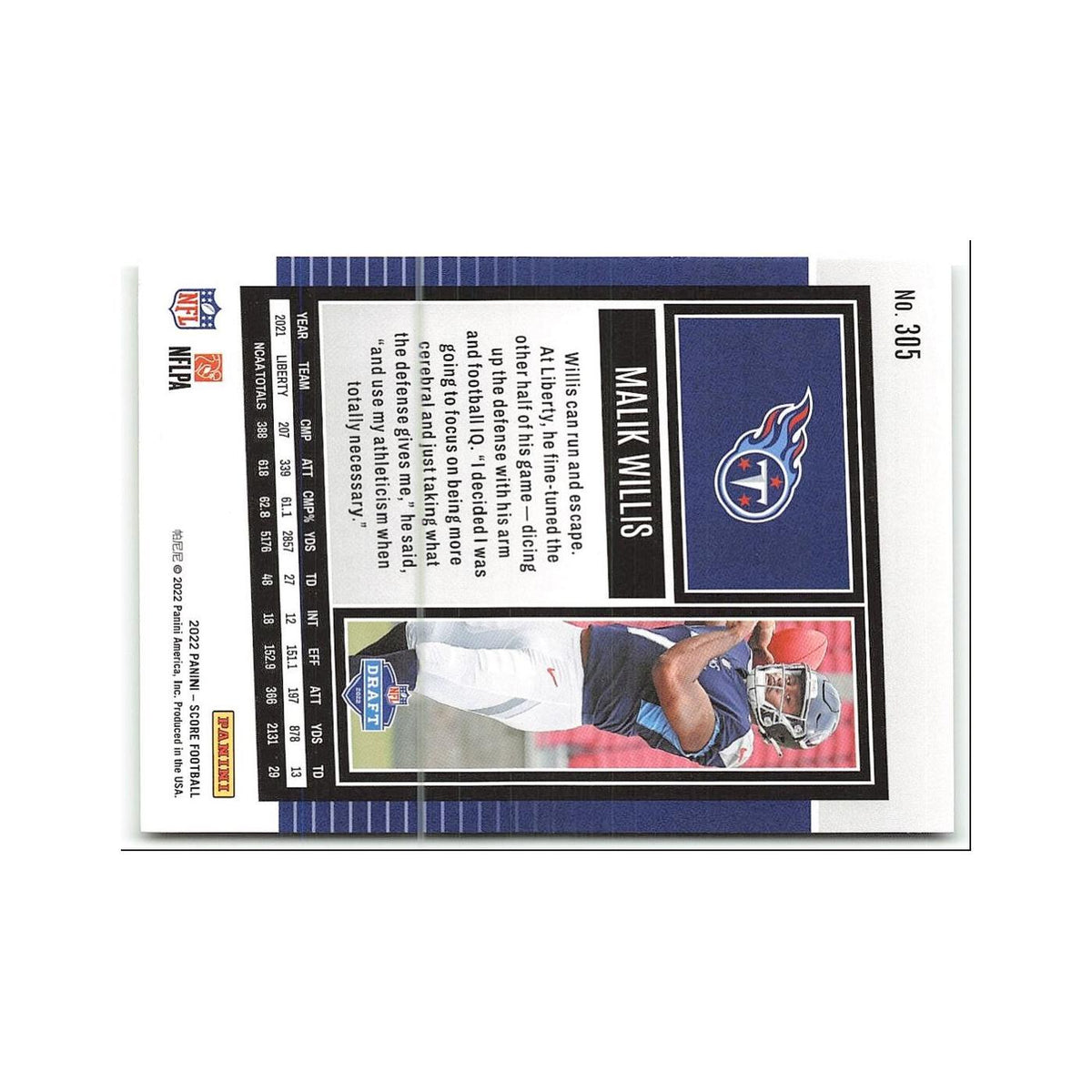 Malik Willis Rookie 2022 Score #305 Tennessee Titans Football Card NM