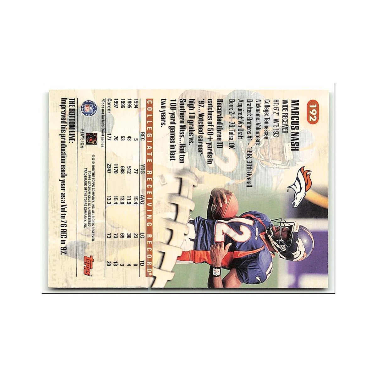 Marcus Nash Rookie 1998 Topps Stadium Club #192 Denver Broncos Football Card NM