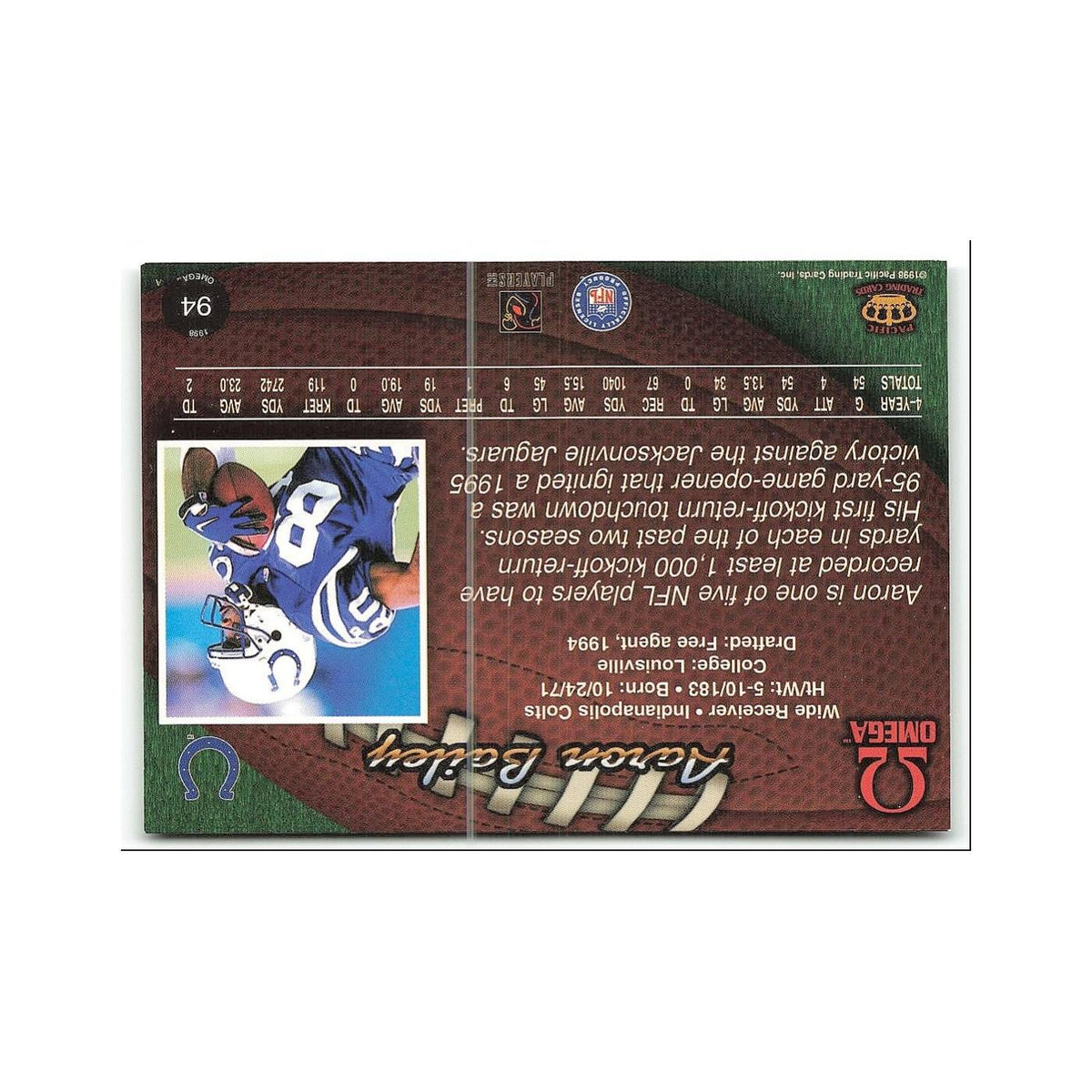Aaron Bailey 1998 Pacific Omega #94 Indianapolis Colts Football Card NM