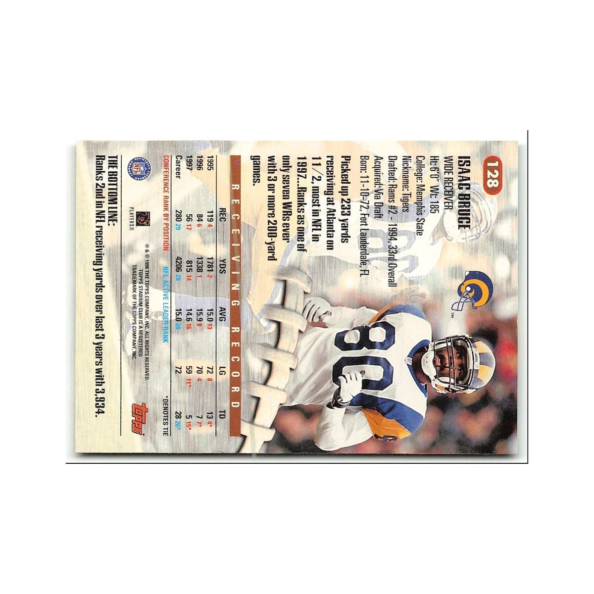 Isaac Bruce 1998 Topps Stadium Club #128 St. Louis Rams Football Card NM