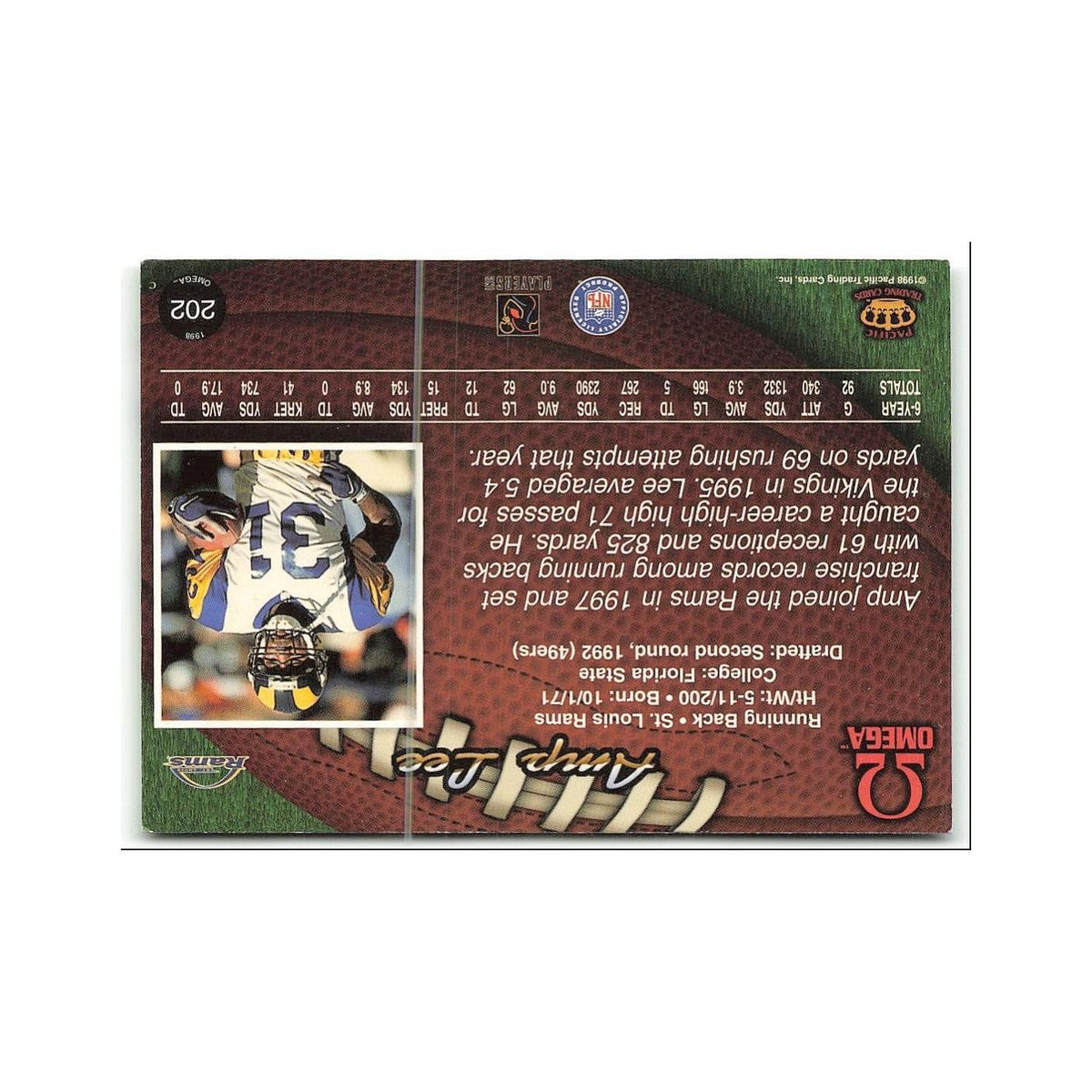 Amp Lee 1998 Pacific Omega #202 St. Louis Rams Football Card NM