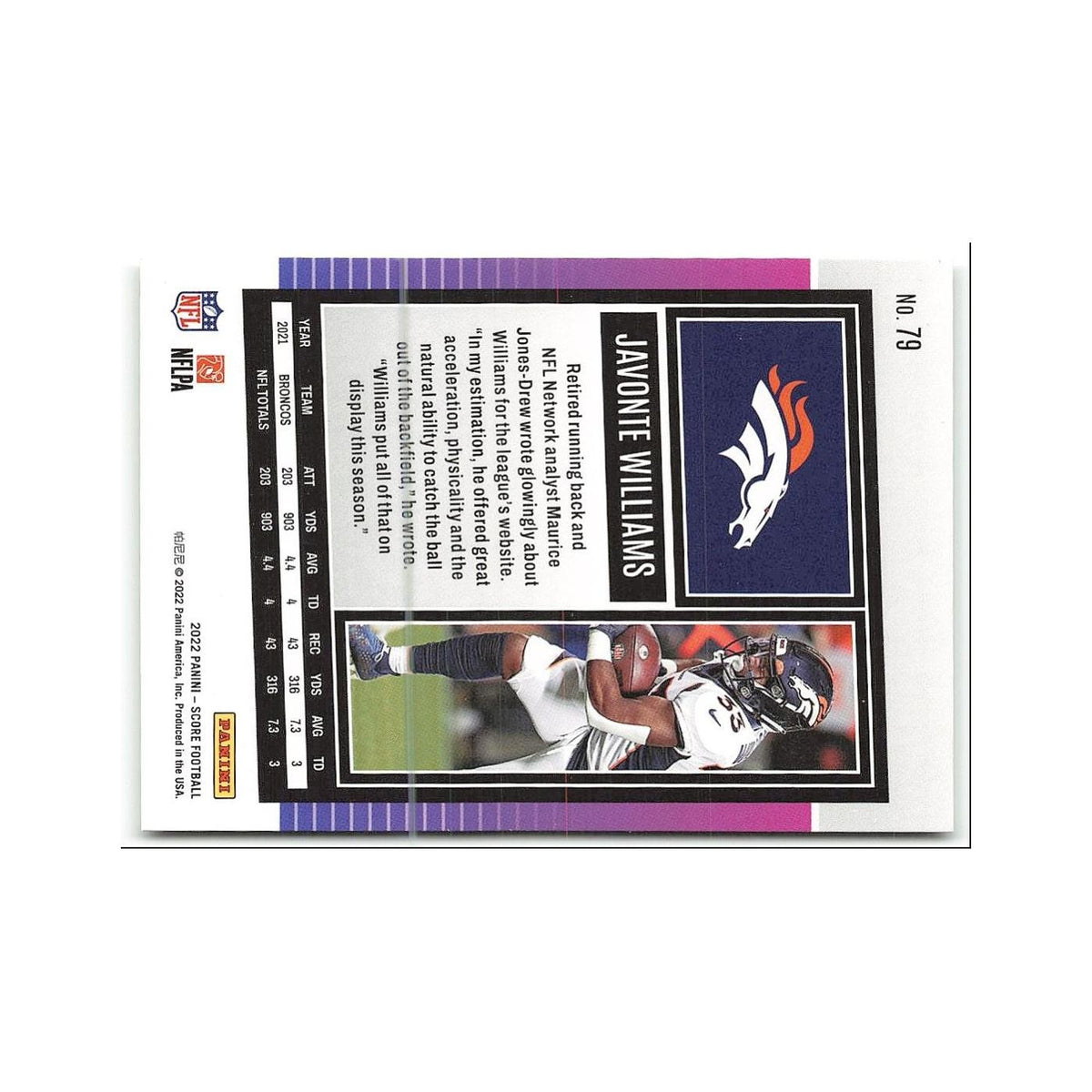 Javonte Williams 2022 Score #79 Denver Broncos Football Card NM