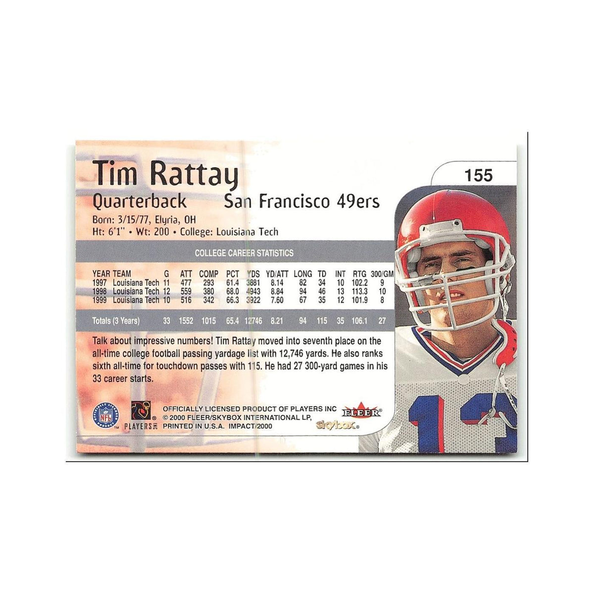 Tim Rattay Rookie 2000 Skybox Impact #155 San Francisco 49ers Football Card NM