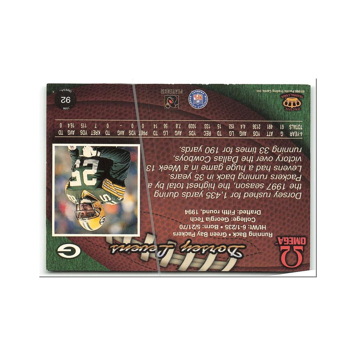 Dorsey Levens 1998 Pacific Omega #92 Green Bay Packers Football Card NM