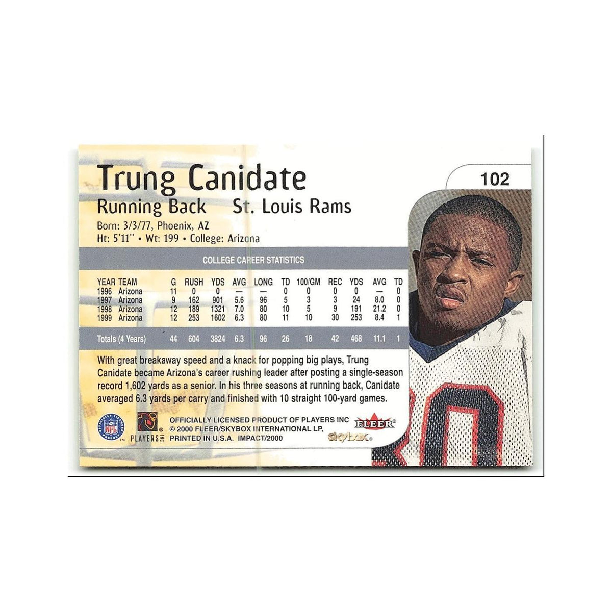Trung Canidate Rookie 2000 Skybox Impact #102 St. Louis Rams Football Card NM