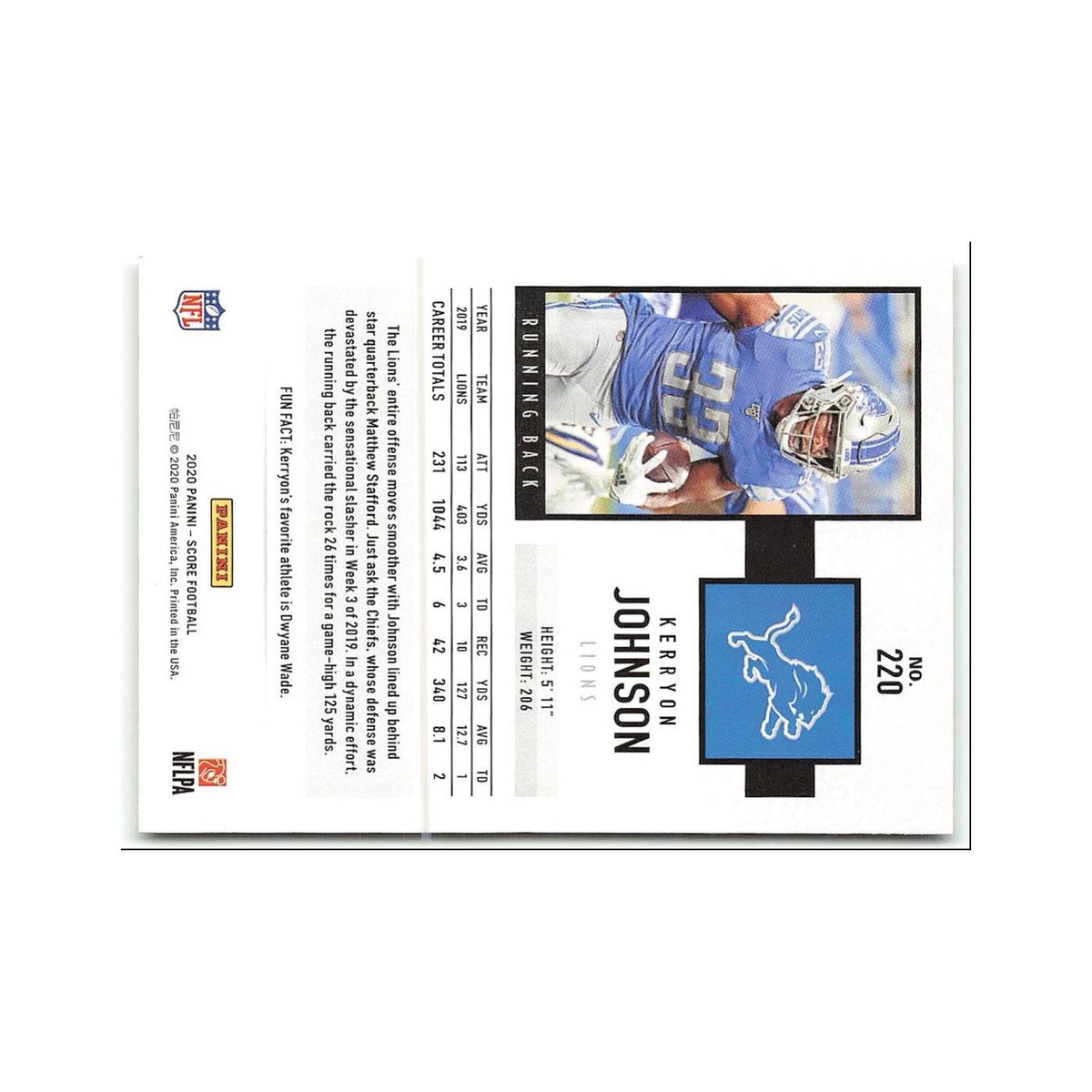 Kerryon Johnson 2020 Score #220 Detroit Lions Football Card NM
