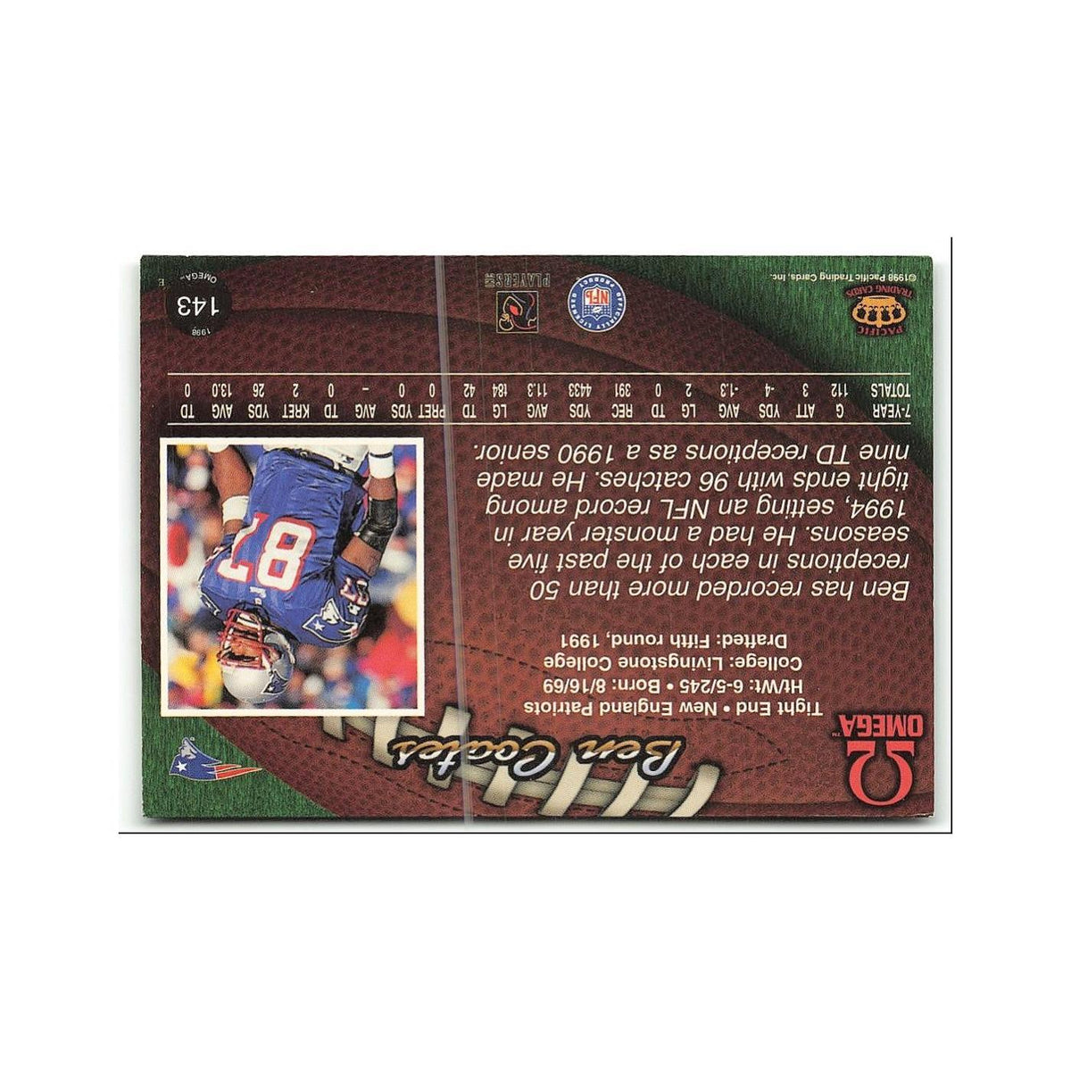 Ben Coates 1998 Pacific Omega #143 New England Patriots Football Card NM