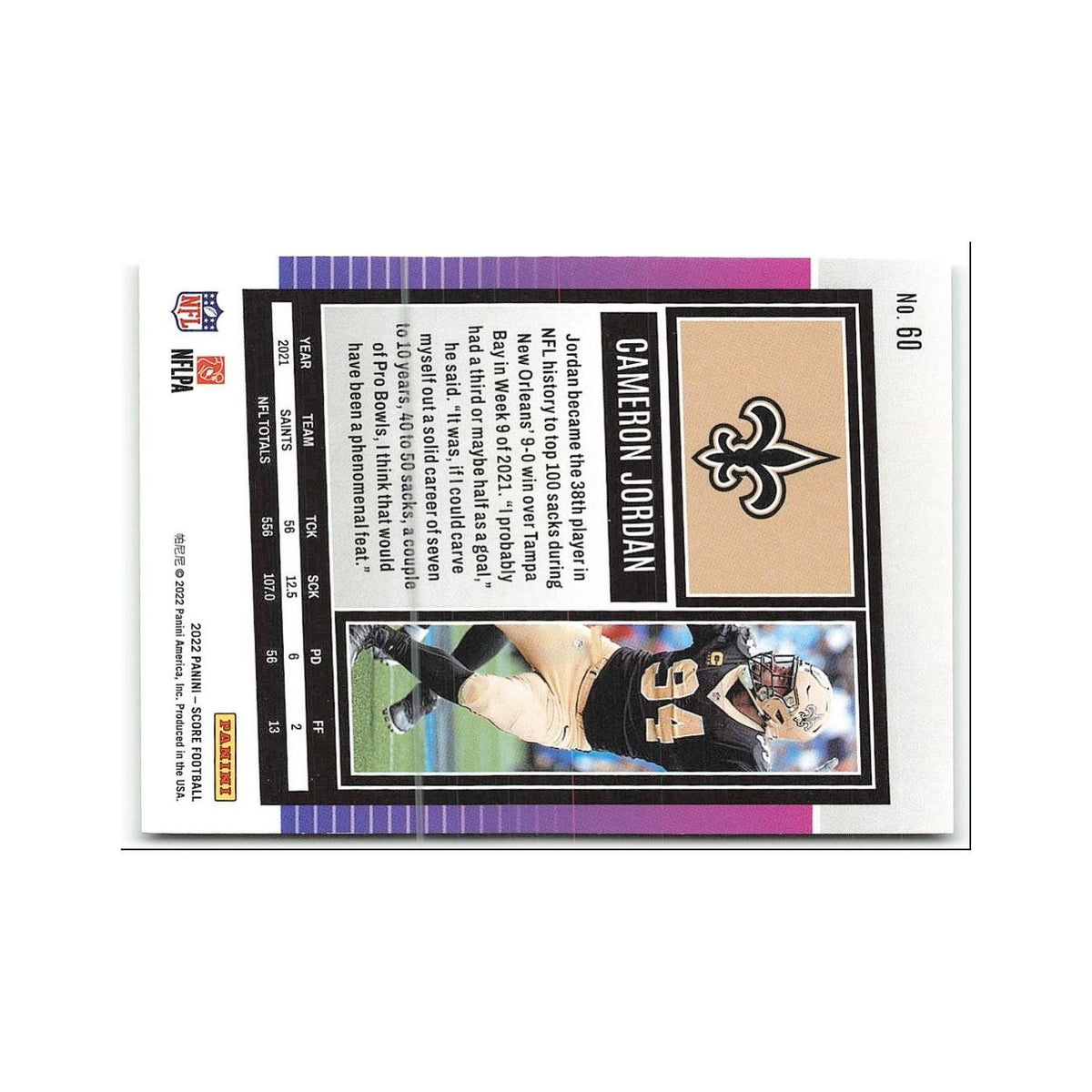 Cameron Jordan 2022 Score #60 New Orleans Saints Football Card NM