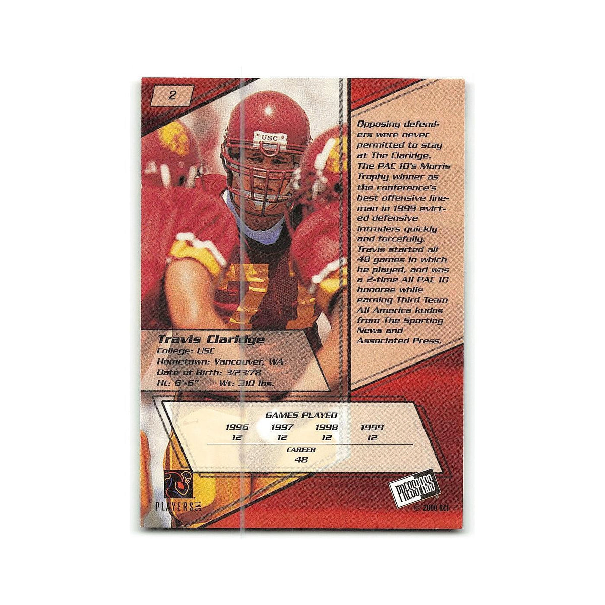 Travis Claridge 2000 Press Pass #2 USC Trojans Football Card NM