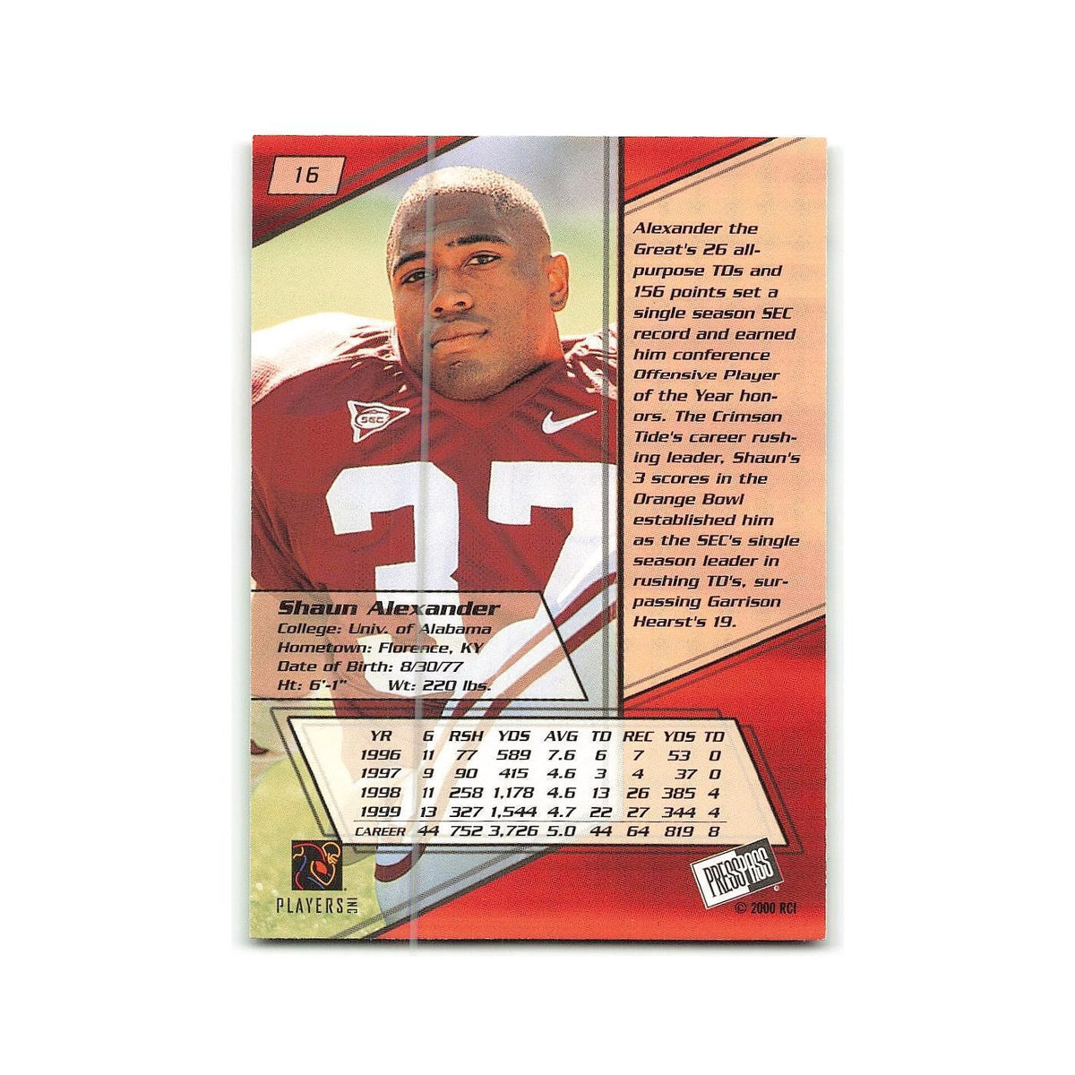 Shaun Alexander 2000 Press Pass #16  Tide Football Card NM