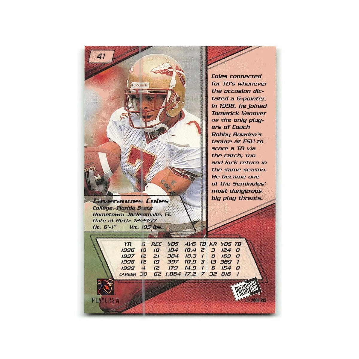 Laveranues Coles 2000 Press Pass #41 Seminoles Football Card NM