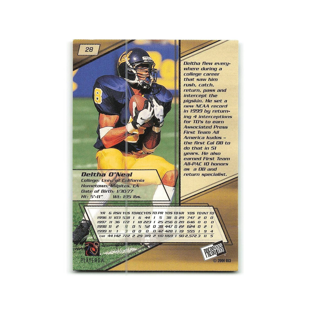 Deltha O'Neal 2000 Press Pass #28 California Football Card NM