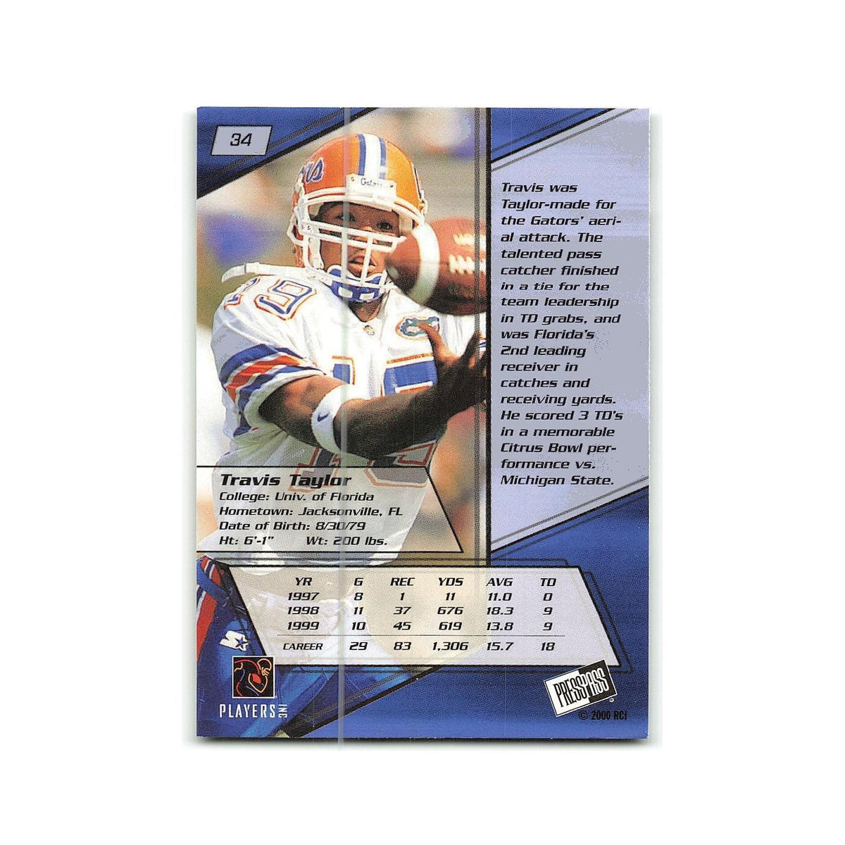 Travis Taylor 2000 Press Pass #34 Florida Gators Football Card NM