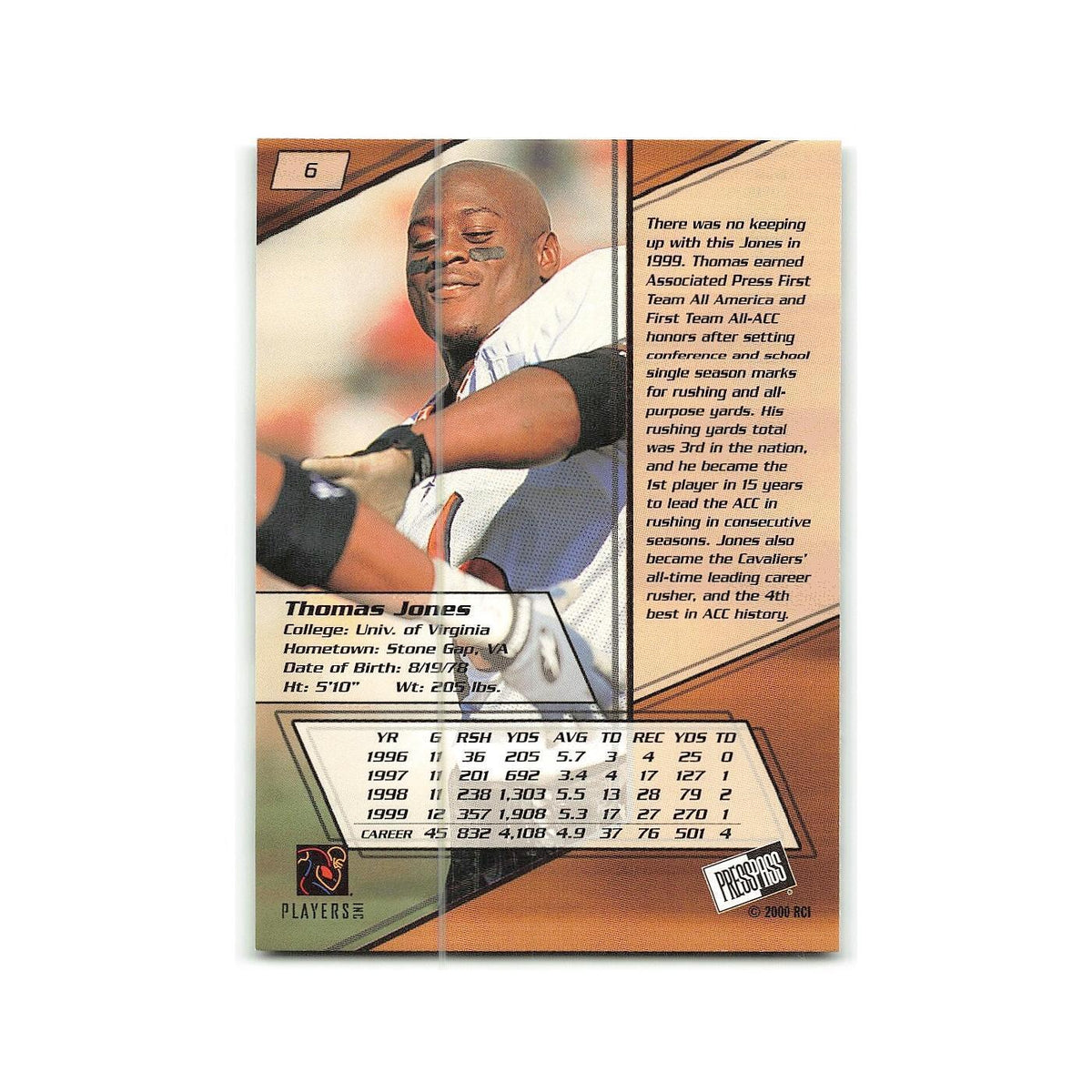 Thomas Jones 2000 Press Pass #6 Virginia Cavaliers Football Card NM