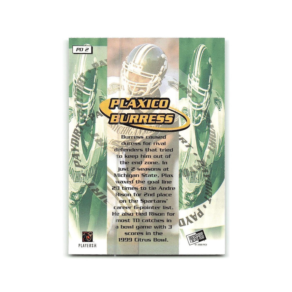 Plaxico Burress 2000 Press Pass #PD 2 Michigan State Spartans Football Card NM