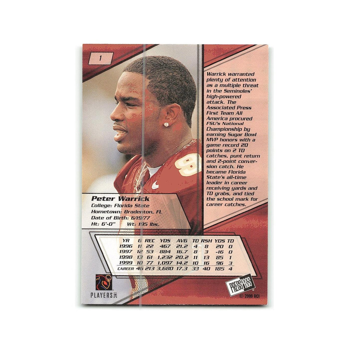 Peter Warrick 2000 Press Pass #1 Seminoles Football Card NM