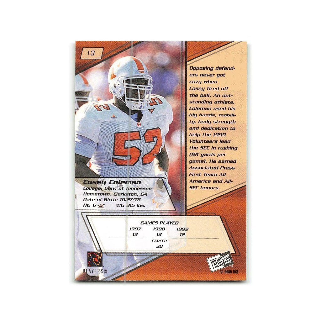 Cosey Coleman 2000 Press Pass #13 Tennessee Volunteers Card NM