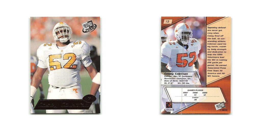 Cosey Coleman 2000 Press Pass #13 Tennessee Volunteers Card NM