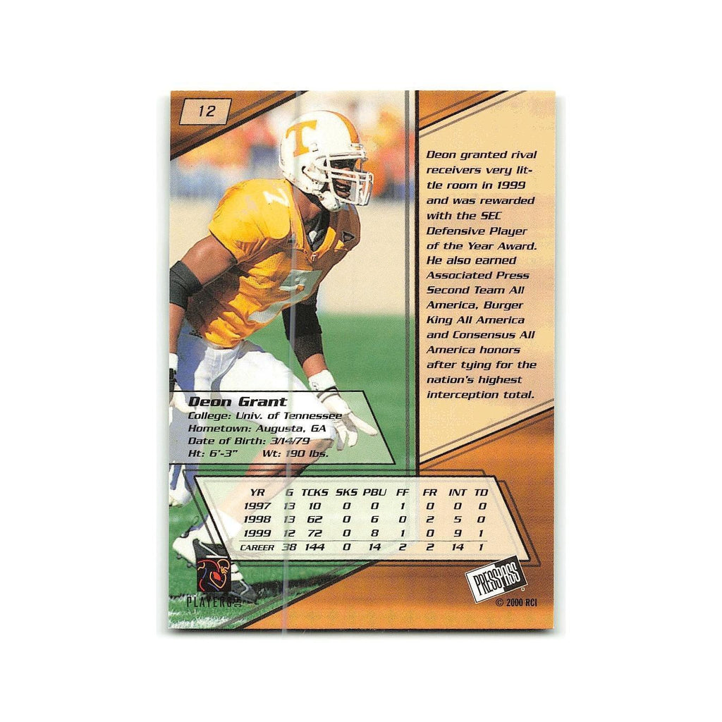 Deon Grant 2000 Press Pass #12 Tennessee Football Card NM