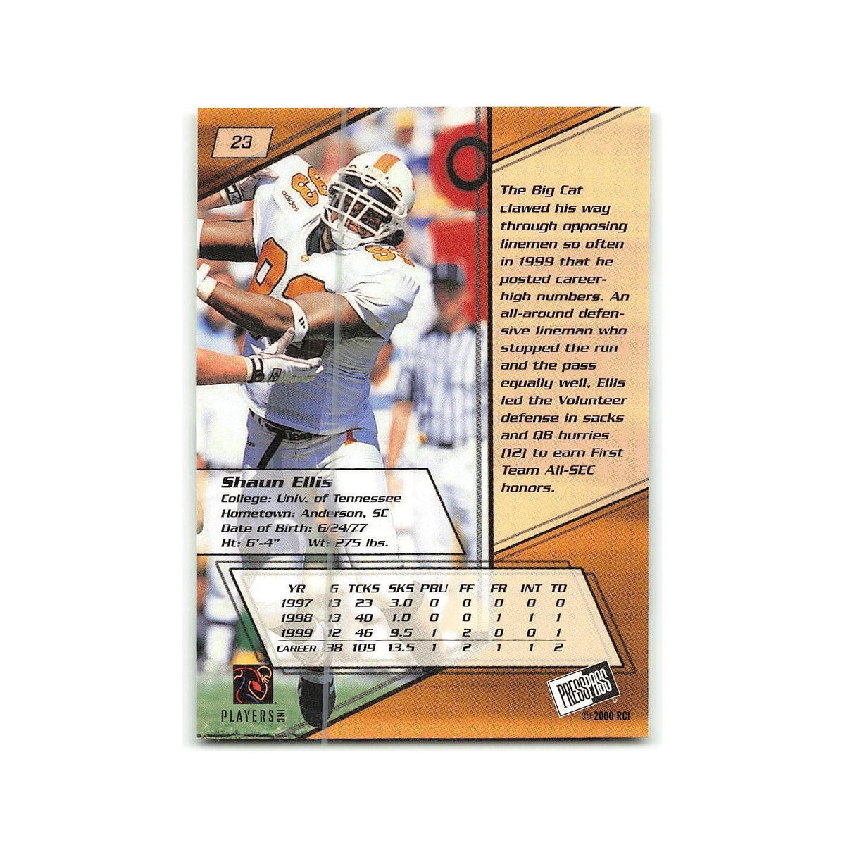 Shaun Ellis 2000 Press Pass #23 Tennessee Volunteers  NM