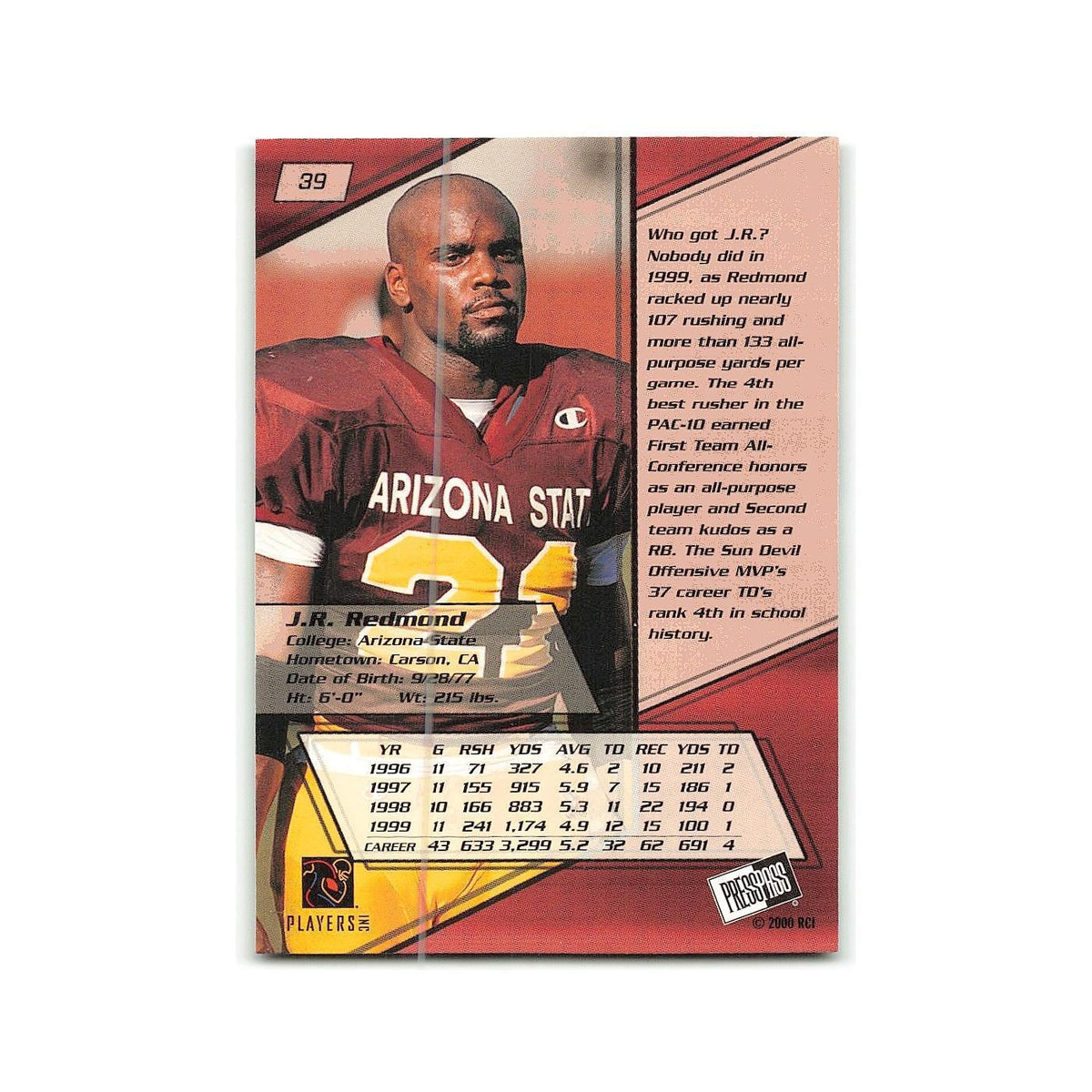 J.R. Redmond 2000 Press Pass #39 Arizona State Sun Devils Football Card NM