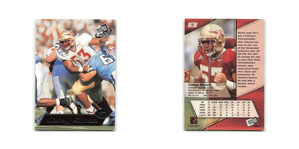 Corey Simon 2000 Press Pass #9 Florida State Seminoles Card NM