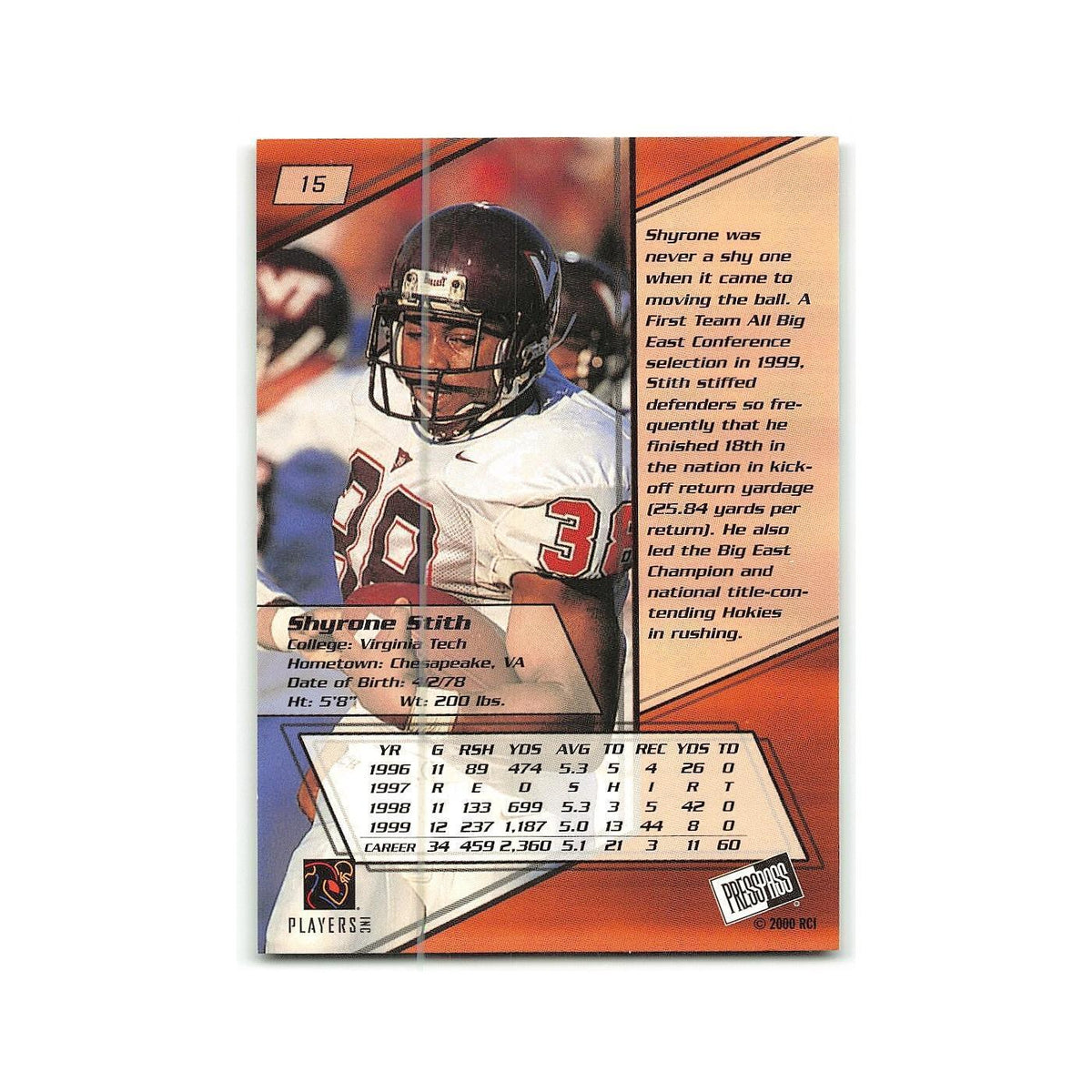 Shyrone Stith 2000 Press Pass #15 Virginia Tech Hokies Football Card NM