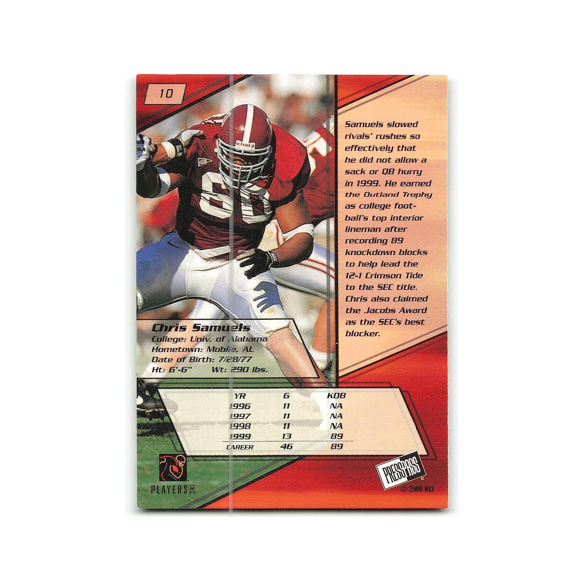 Chris Samuels 2000 Press Pass #10 Alabama Crimson Tide Football Card NM