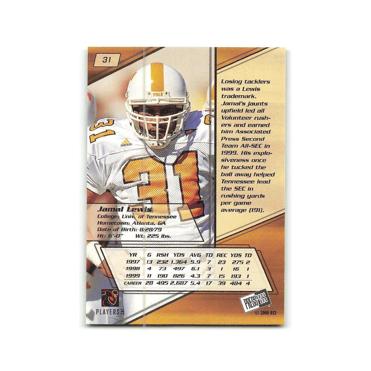 Jamal Lewis 2000 Press Pass #31 Tennessee Volunteers Football Card NM