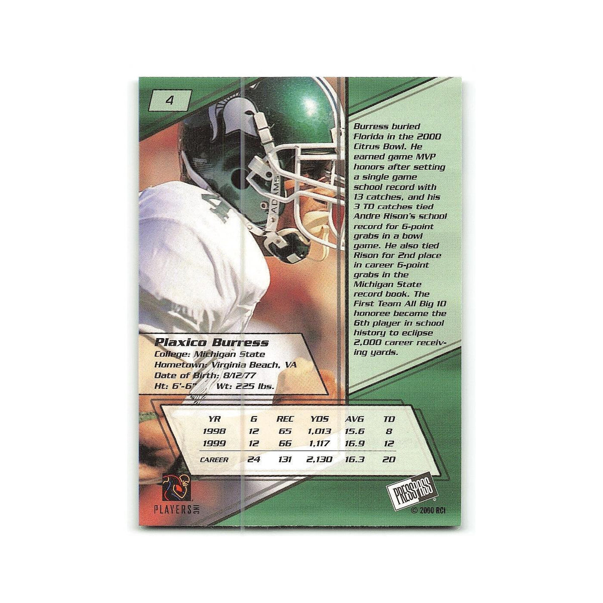 Plaxico Burress 2000 Press Pass #4 Spartans Football Card NM