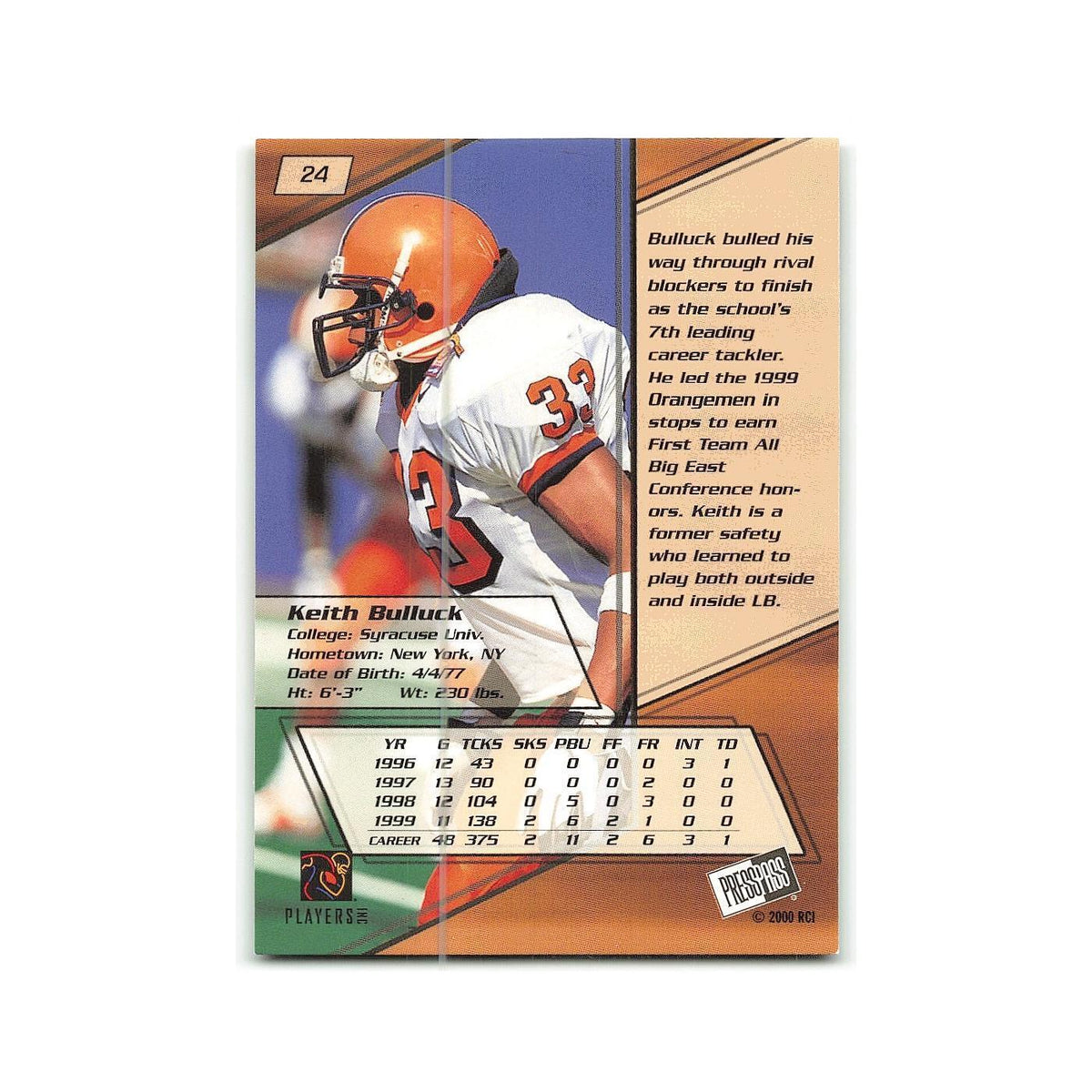 Keith Bulluck 2000 Press Pass #24 Orangemen Football Card NM