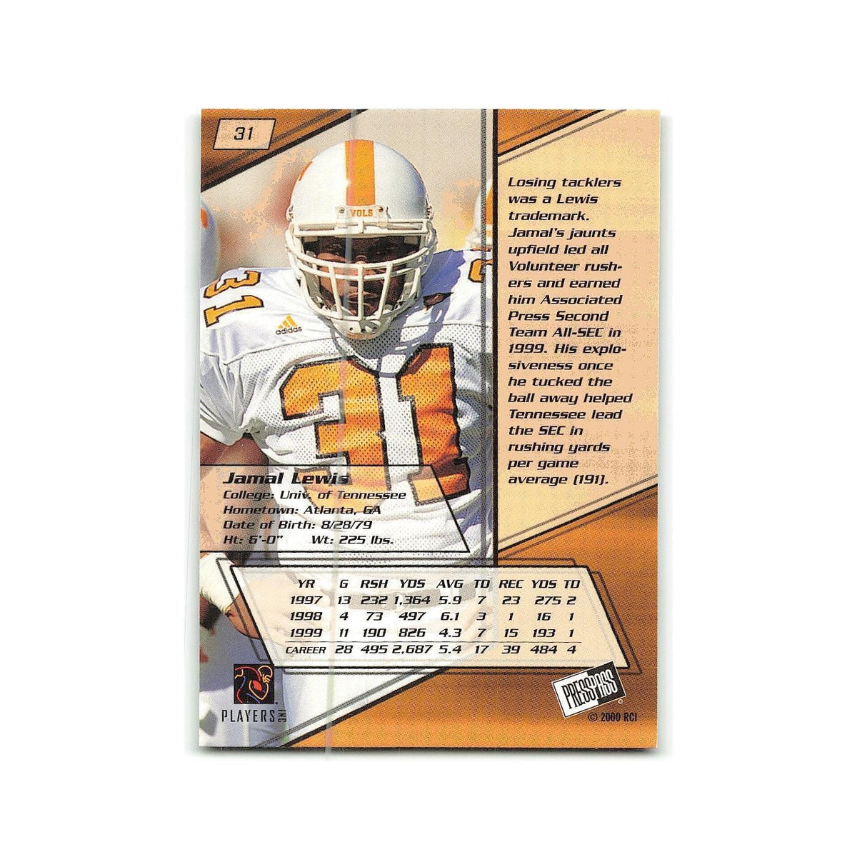 Jamal Lewis 2000 Press Pass #31 Tennessee Football Card NM