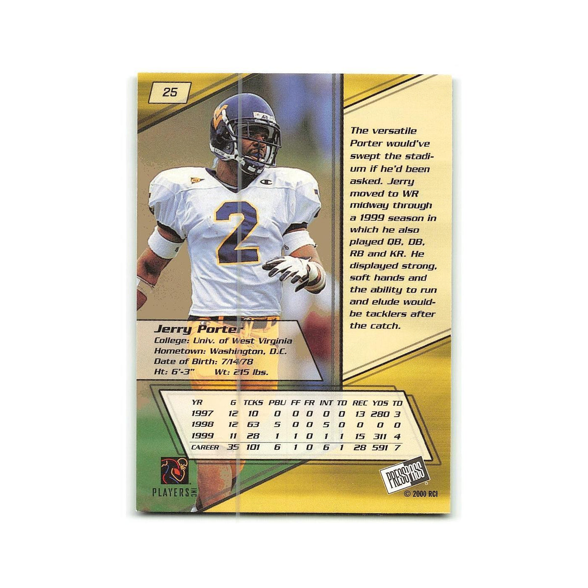 Jerry Porter 2000 Press Pass #25 Mountaineers Football Card NM