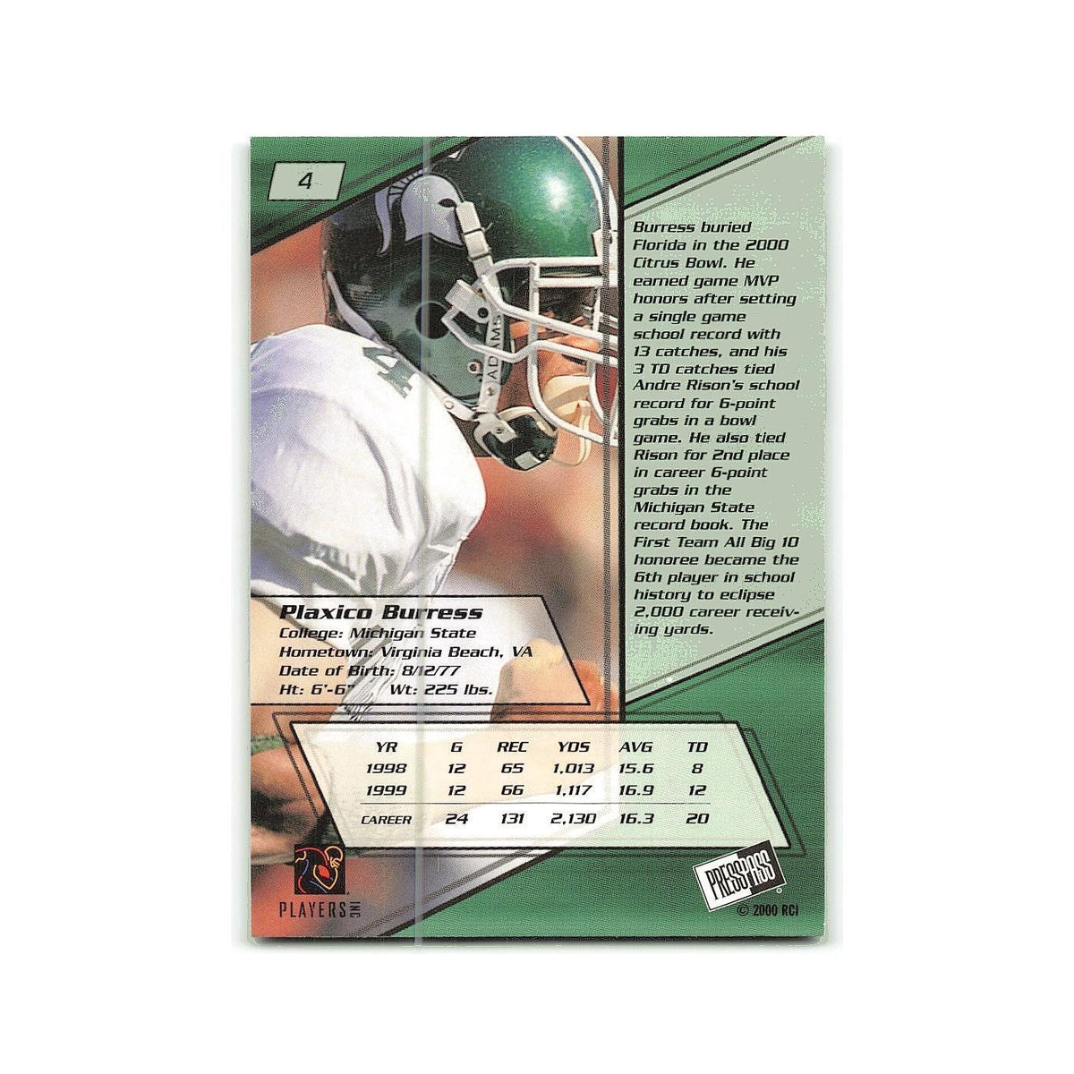 Plaxico Burress 2000 Press Pass #4 Michigan State Football Card NM