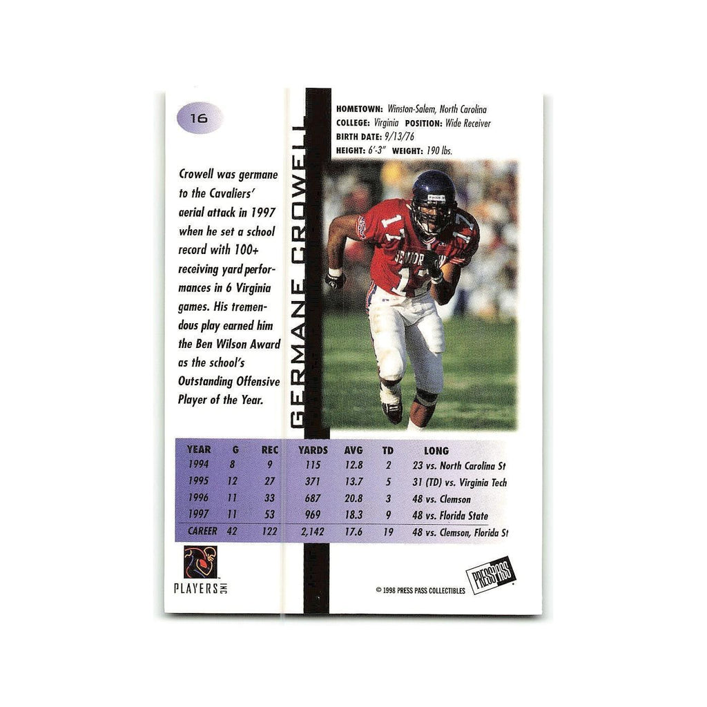 Germane Crowell 1998 Press Pass #16 Virginia Cavaliers Football Card NM