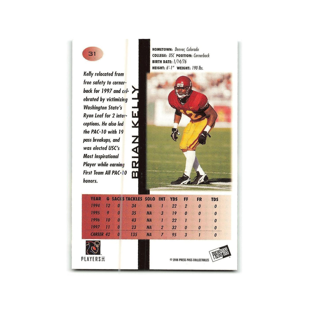 Brian Kelly 1998 Press Pass #31 USC Trojans Football Card NM
