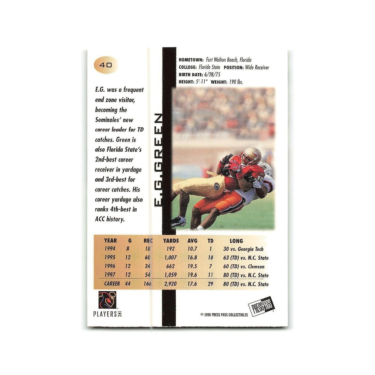 E.G. Green 1998 Press Pass #40 Seminoles Football Card NM