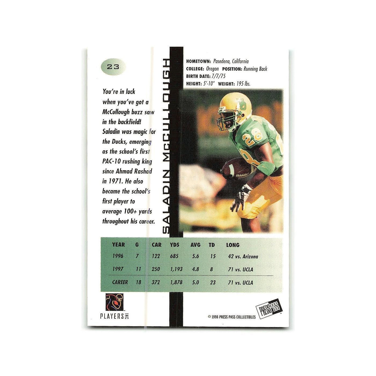 Saladin McCullough 1998 Press Pass #23 Oregon Ducks Football Card NM