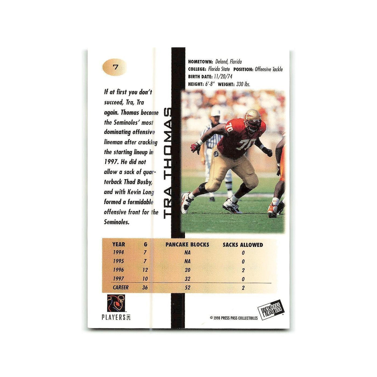 Tra Thomas 1998 Press Pass #7 Florida State Seminoles Football Card NM