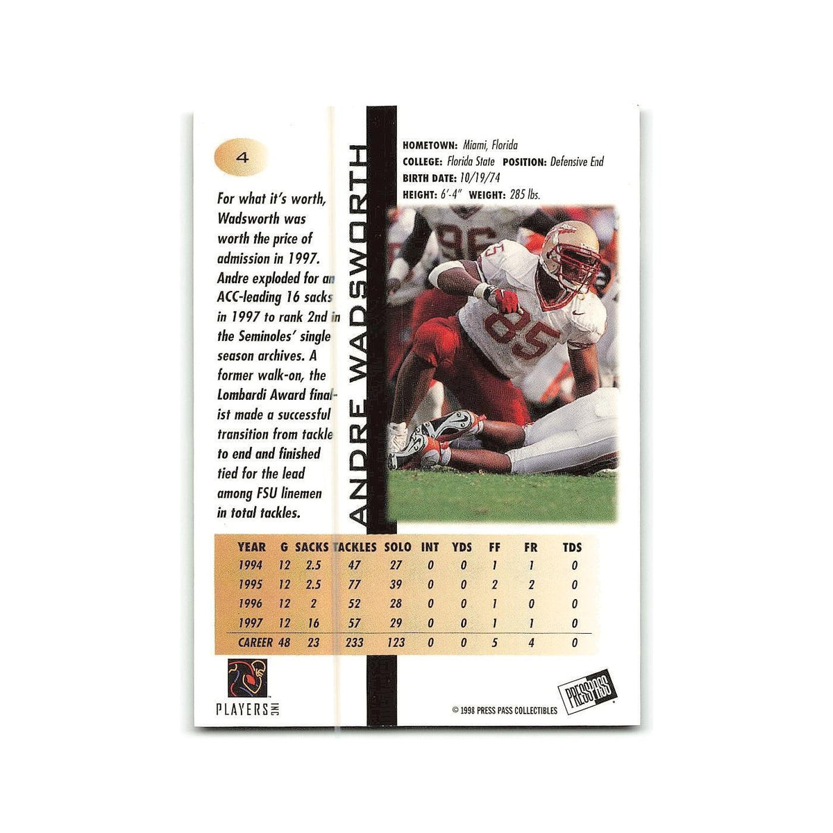 Andre Wadsworth 1998 Press Pass #4 Florida State Seminoles Football Card NM