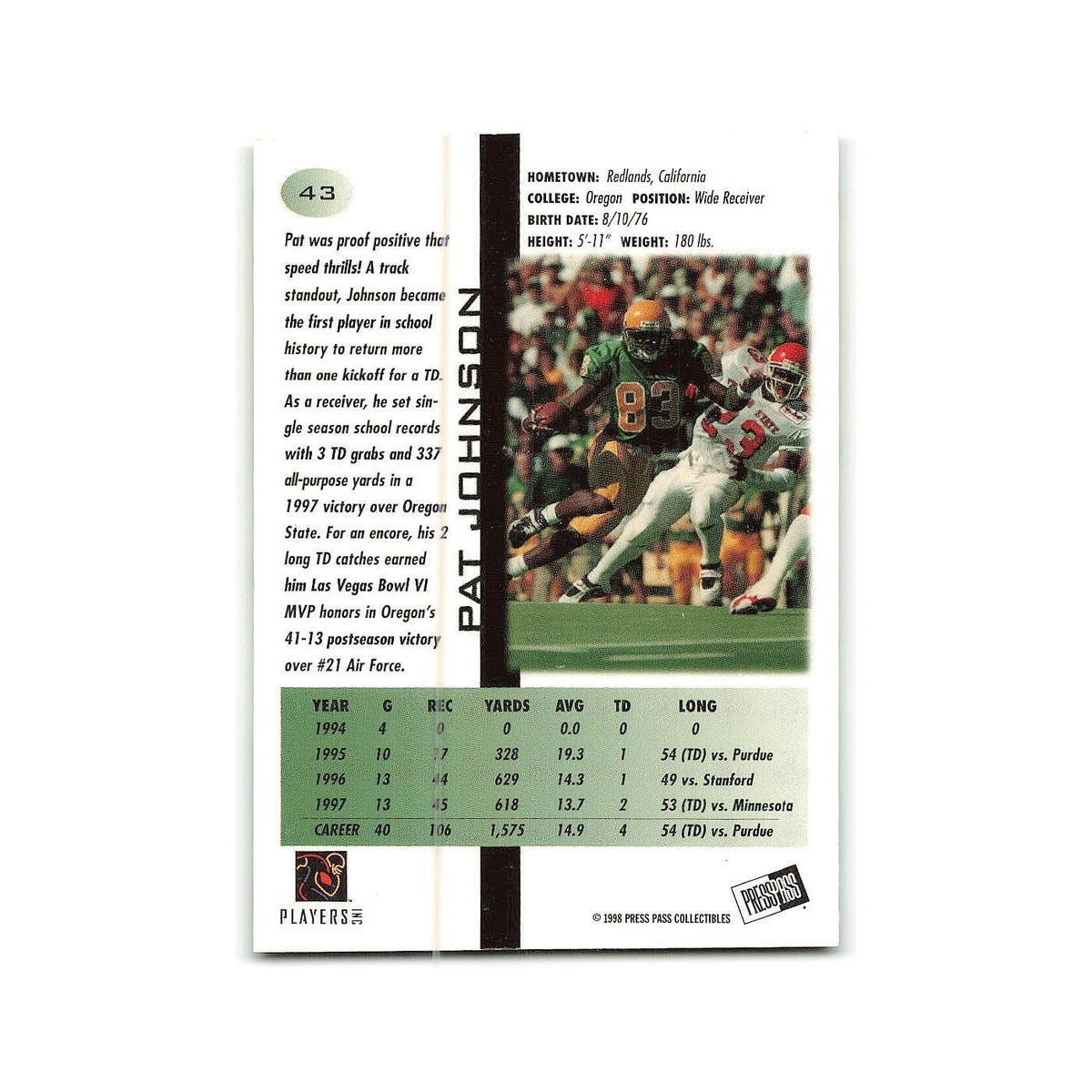Pat Johnson 1998 Press Pass Blue #43 Oregon Ducks Card NM