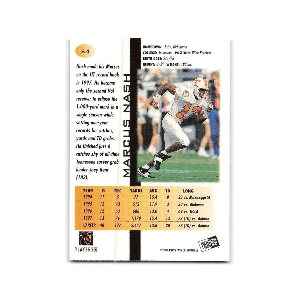 Marcus Nash 1998 Press Pass Blue #34 Tennessee Card NM