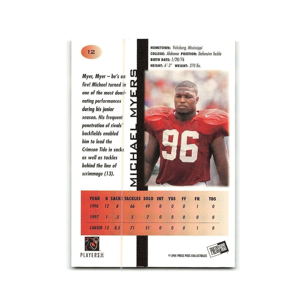 Michael Myers 1998 Press Pass #12 Crimson Tide Football Card NM