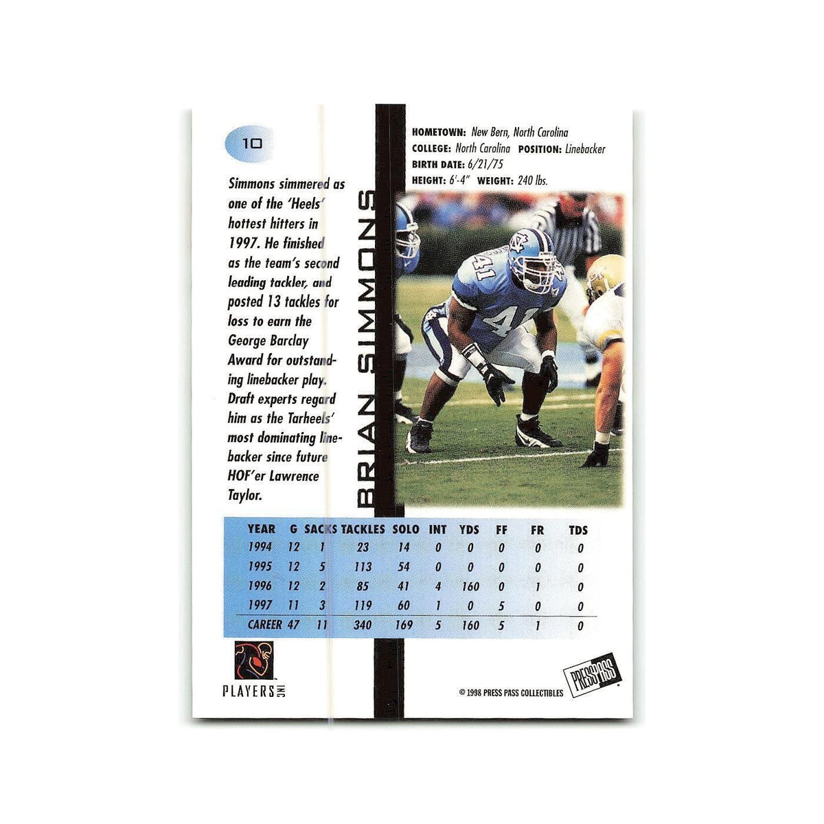 Brian Simmons 1998 Press Pass #10 North Carolina Tar Heels Football Card NM