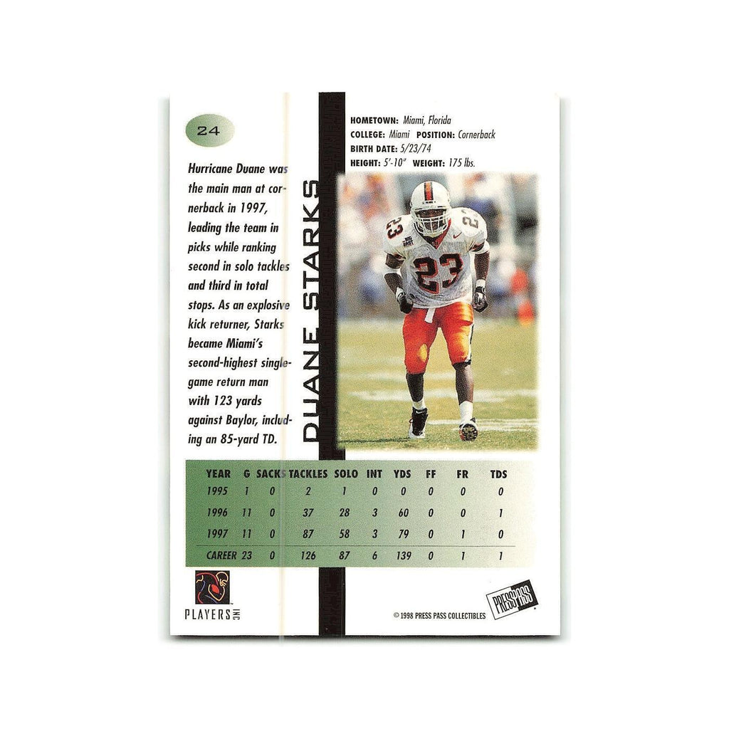 Duane Starks 1998 Press Pass #24 Miami Football Card NM
