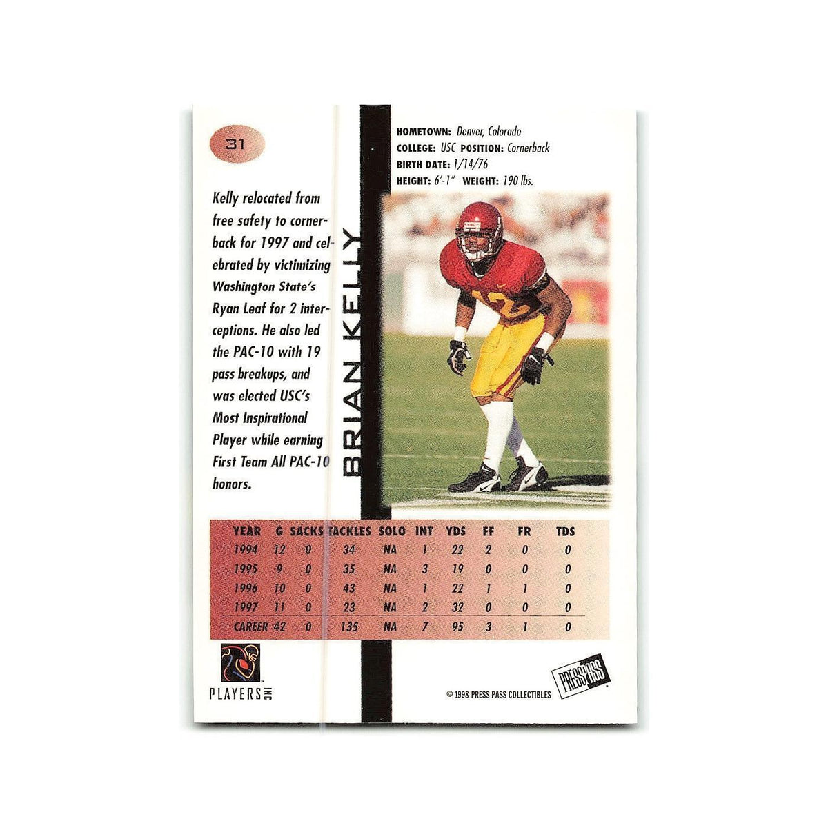Brian Kelly 1998 Press Pass #31 USC Trojans Football Card NM