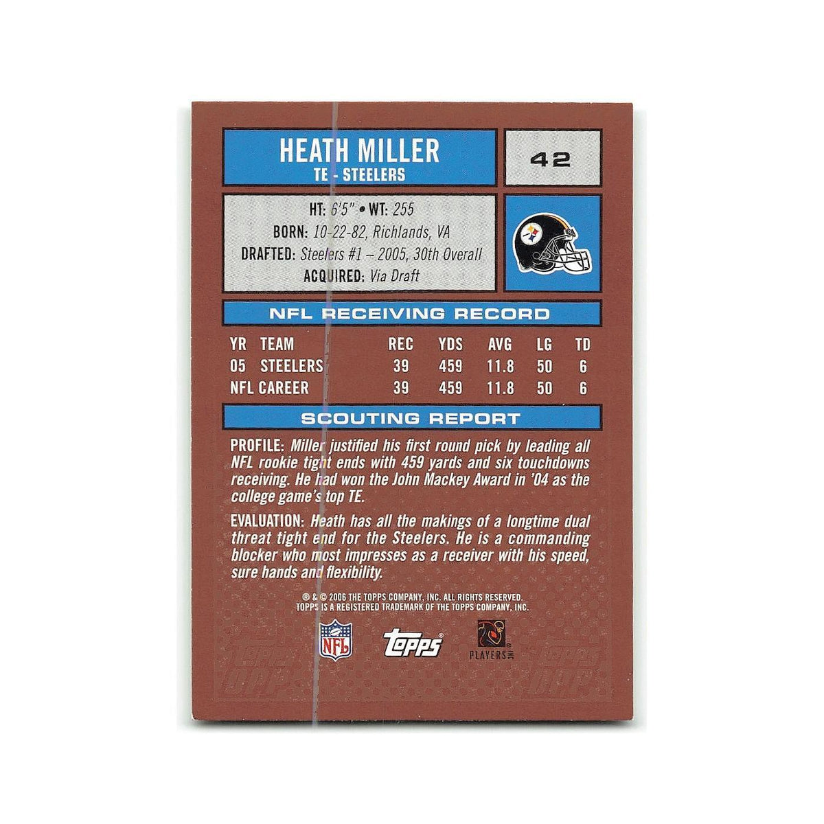 Heath Miller 2006 Topps Draft Picks & Prospects #42 Pittsburgh Steelers NM