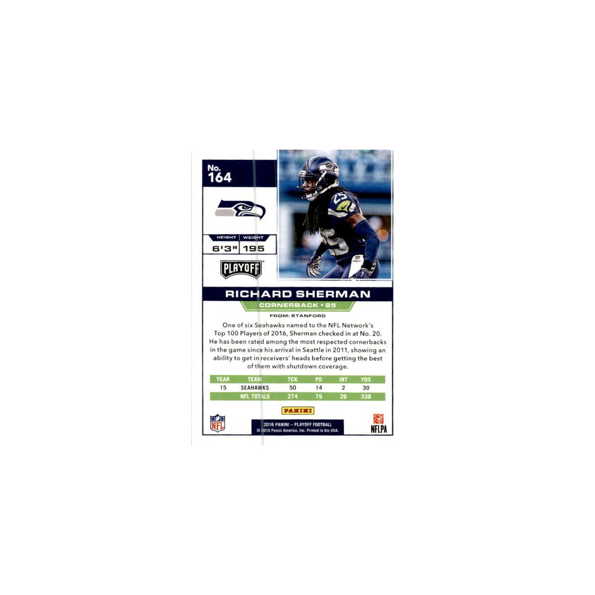 Richard Sherman 2016 Panini Playoff #164 Seattle Seahawks Football Card NM