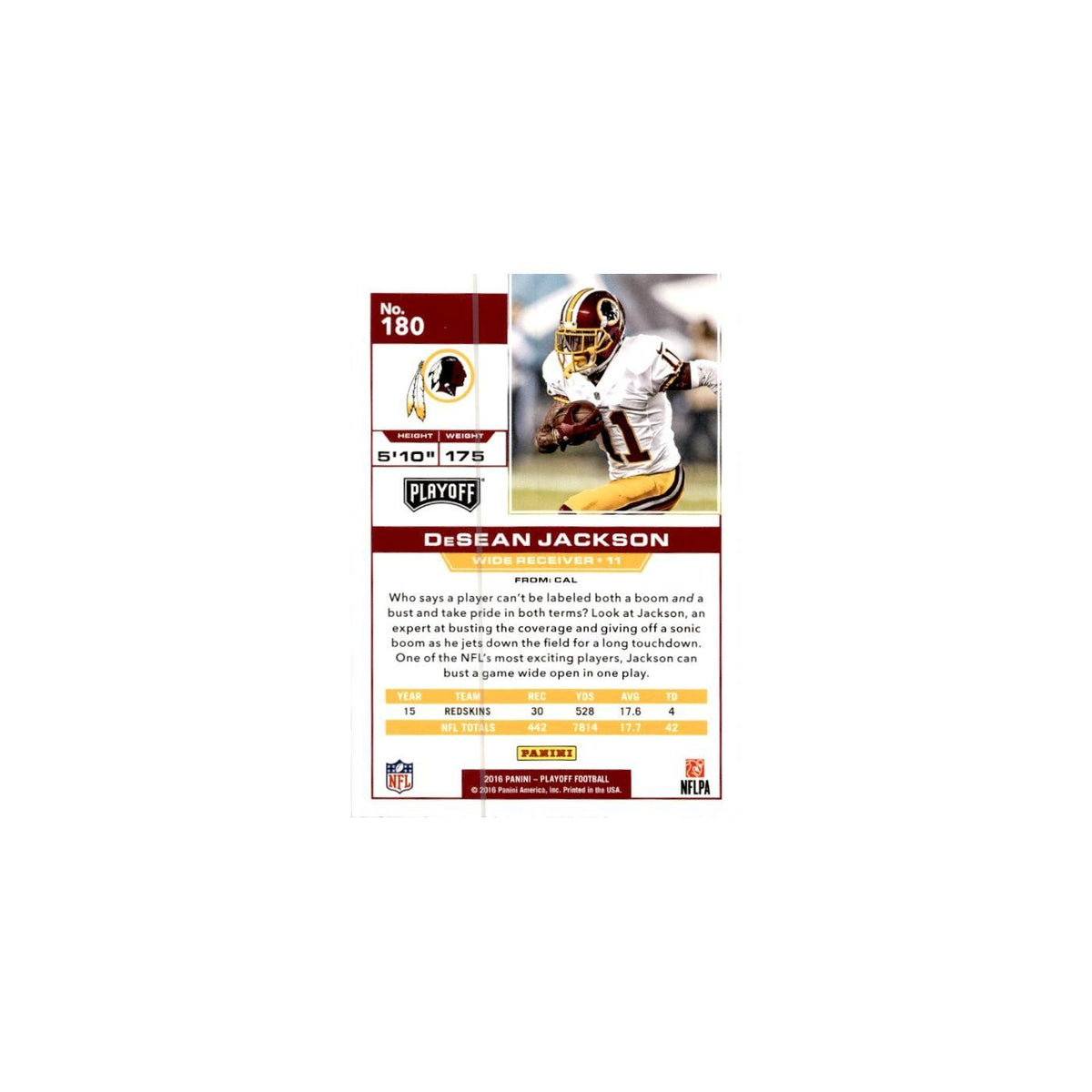 DeSean Jackson 2016 Panini Playoff #180 Washington Redskins Football Card NM