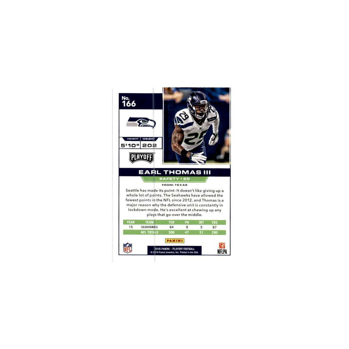 Earl Thomas 2016 Panini Playoff #166 Seattle Seahawks Football Card NM